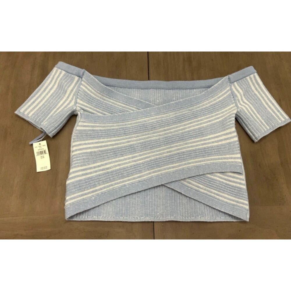 NWT Aerie Off Shoulder Sweater Top Blue White Criss Cross Back Size M